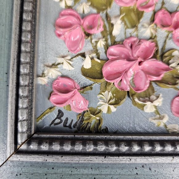 Vintage Budnik Floral Oil Painting Pink Flowers Original Signed Framed Art 7x8in - Picture 4 of 11